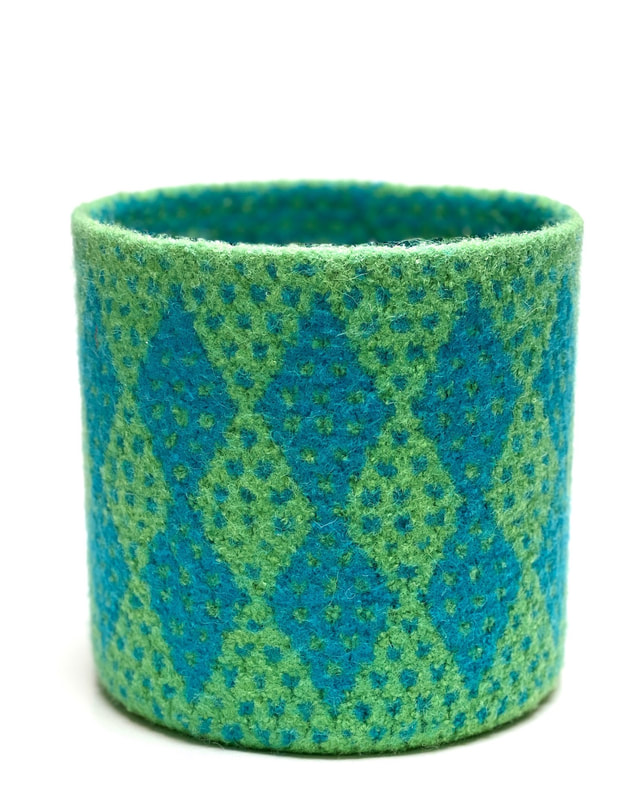 BOL Argyle from the Brights Collection is a hand felted patterned vessel in bright green and peacock