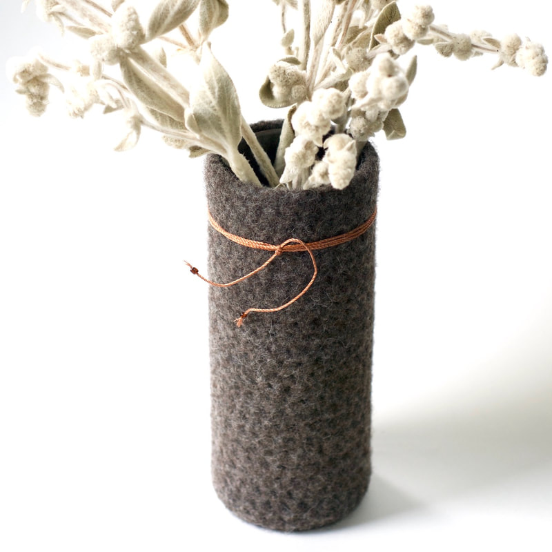 BOL Vase felted gunmetal wool with glass liner + copper wire