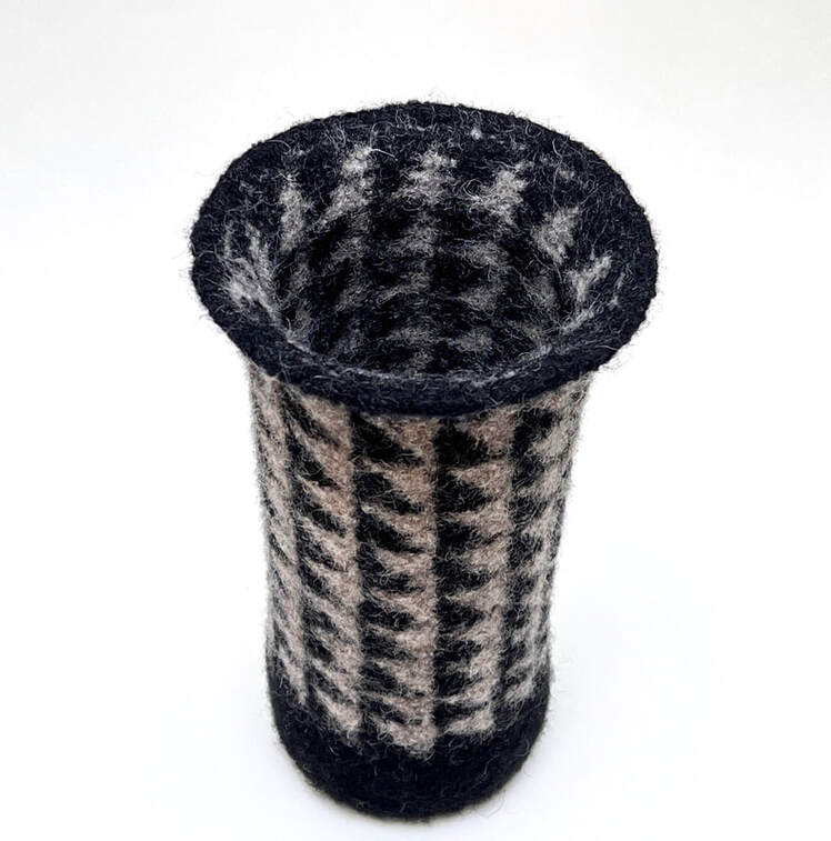BOL Tweed, hand felted tall skinny vessel in black + putty pattern