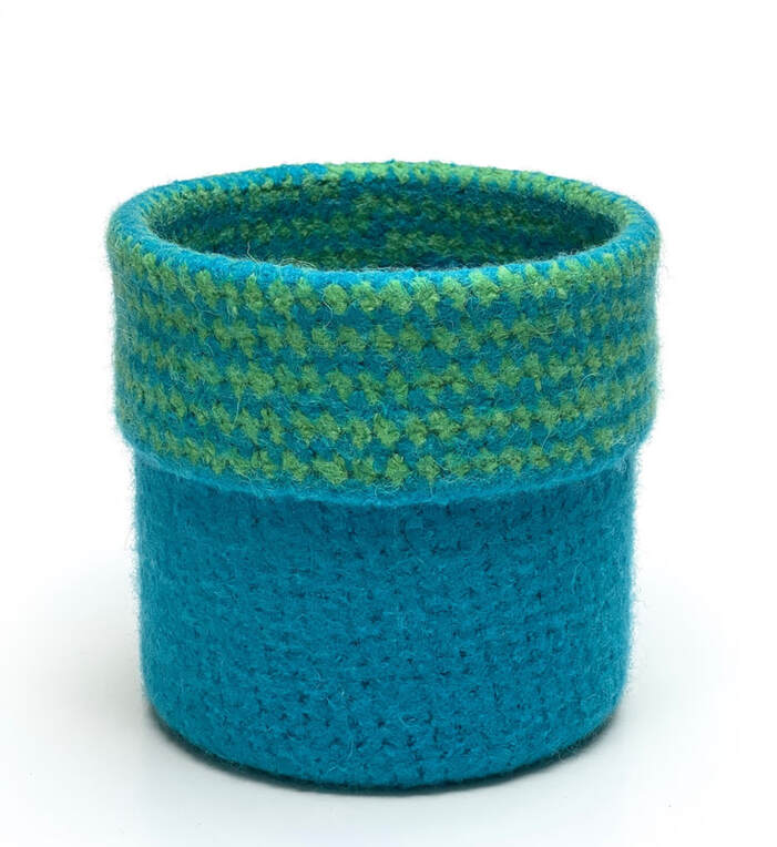 tall CUFF felted vessel in peacock with bright green