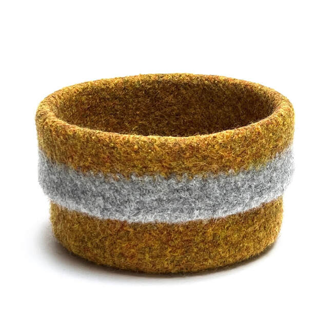 CUFF  medium felted straight sided vessel turmeric wool with sterling wool band trim