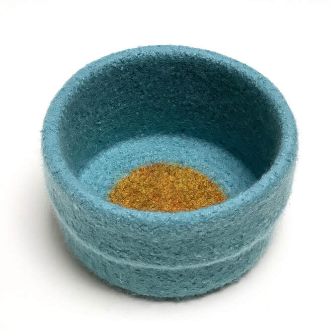 Here Comes the Sun - CUFF medium felted vessel in mineral blue with turmeric centre