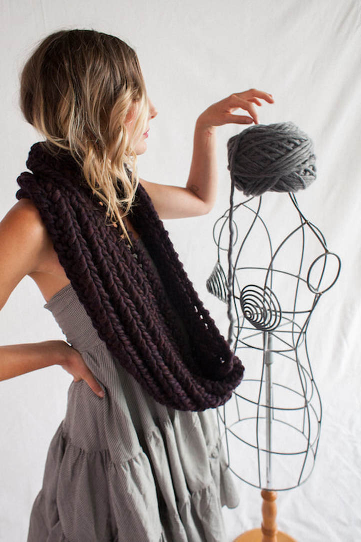 RIVA Grande hand knit wool infinity scarf in aubergine