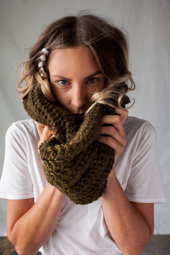 JULES in olive drab is a big luscious textural cowl hand knit with 100% Peruvian highland wool