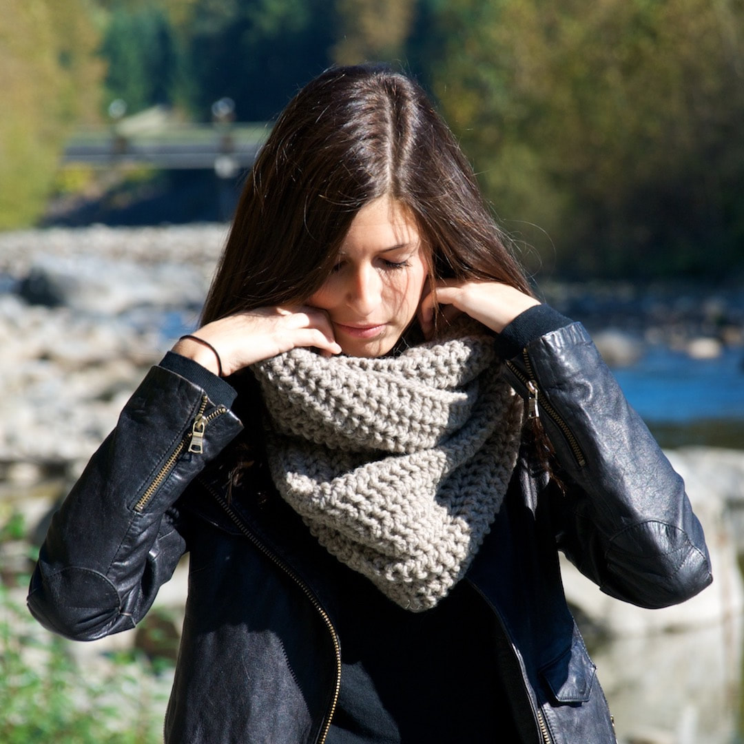 JULES in putty is a big luscious textural cowl hand knit with 100% Peruvian highland wool