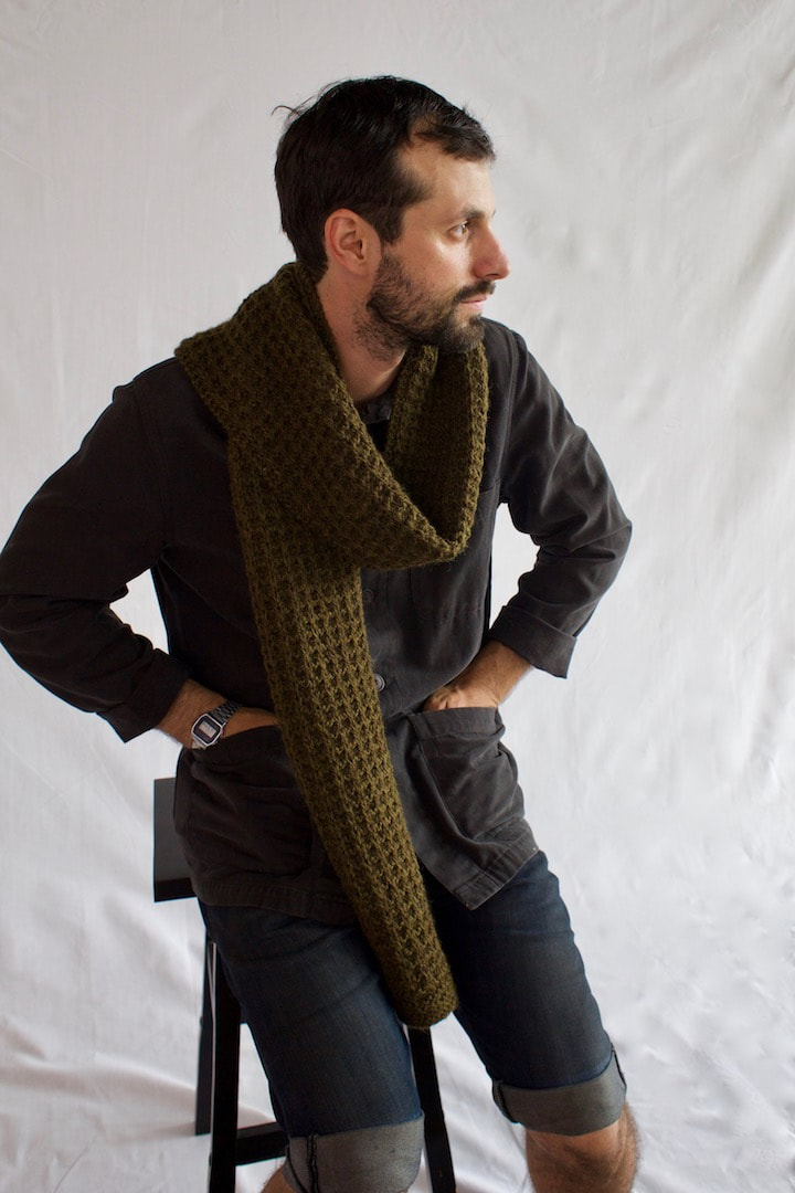 MENSCH highly-textured hand knit scarf in olive drab Peruvian highland wool