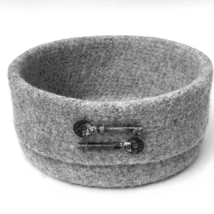 CUFF extra large felted vessel in sterling grey with antique keys attached